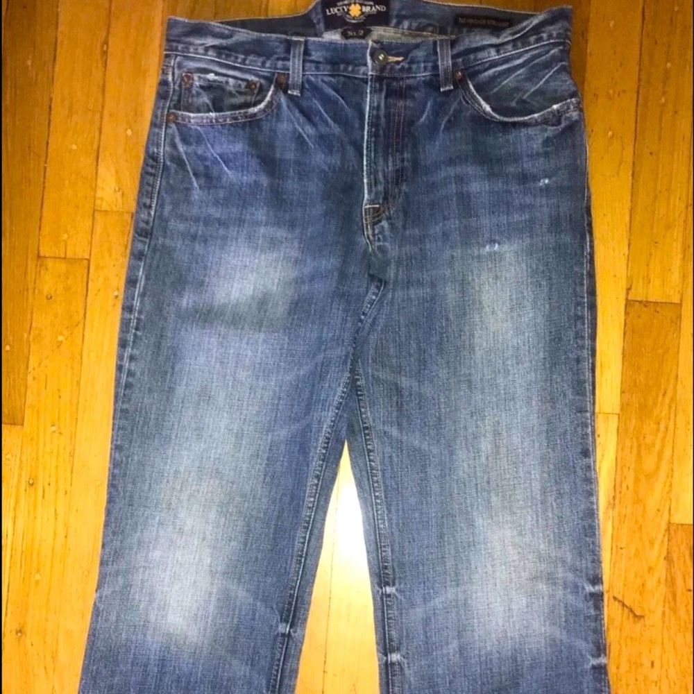 Lucky Brand Mens 361 Vtg Straight Blue Jeans 34x32 Brass Knuckle Back